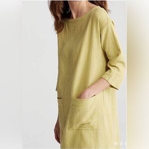 Eileen Fisher Organic Cotton Gauze Boat Neck Tunic Dress in Mustard Small Petite